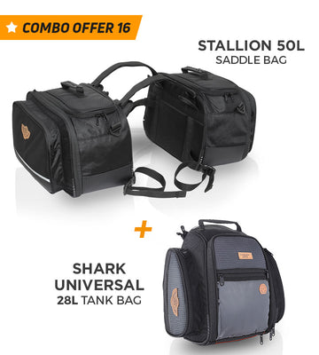 Combo 16: Stallion 65L Saddle Bags plus Shark Universal 28L Tank Bag with Waterproof Rain Covers Included